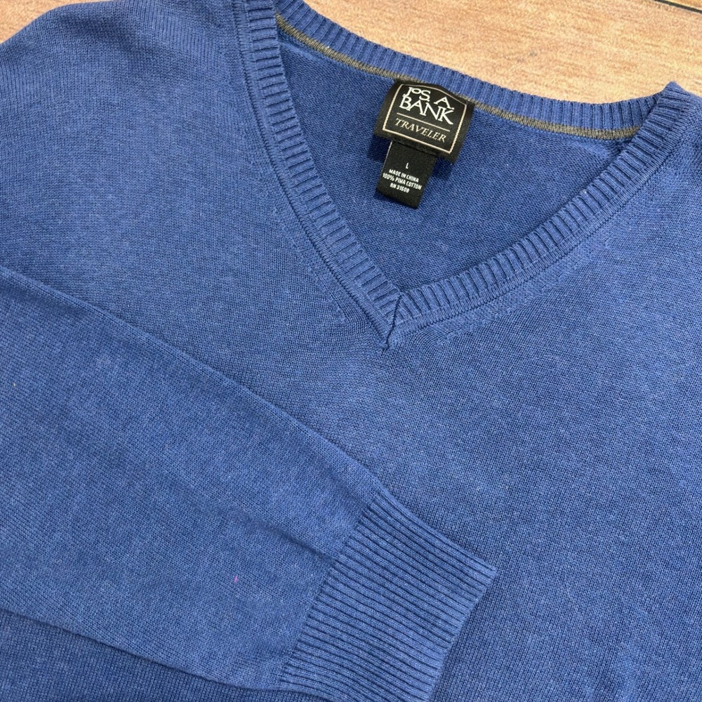 Jos. A. Bank Traveler Mens Blue Pima Cotton V-Neck Sweater Large L